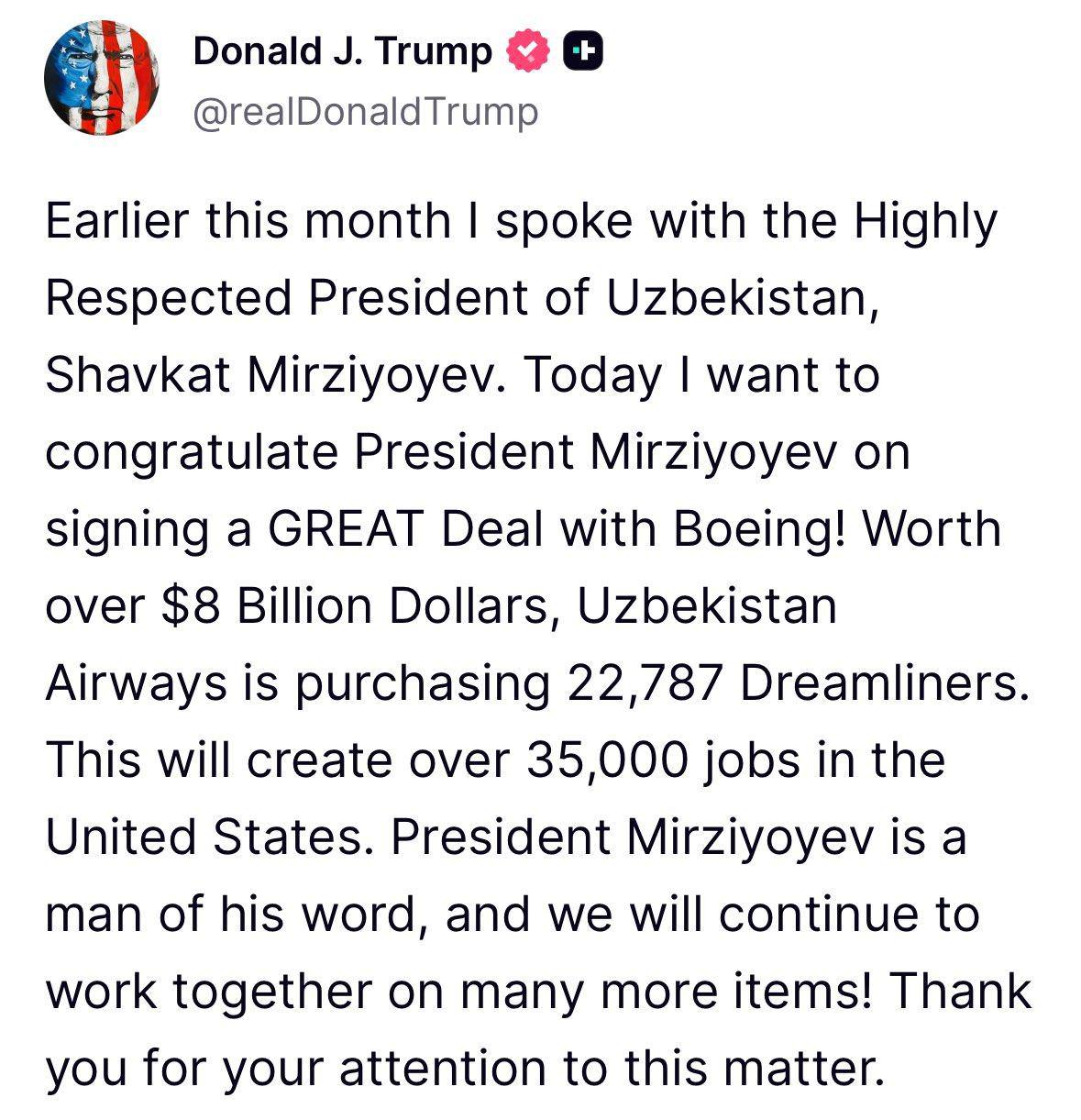 Trump praises Mirziyoyev as man of his word as Uzbekistan purchases Boeing Dreamliners
